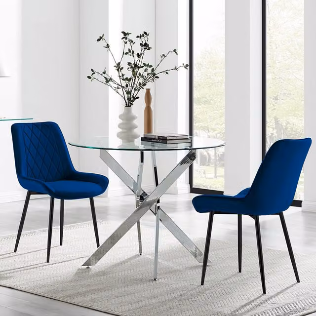 FurnitureboxUK Novara 100cm Round Glass Dining Table and 2 Pesaro Black Leg Chairs in Navy Blue