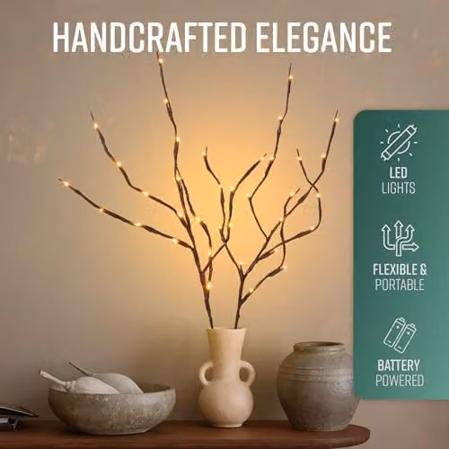 Globrite 2 Pack Brown LED Twig Branch Lights with 20 Warm White LEDs, Battery Powered Decorative Branches for Christmas and Autumn Indoor Décor – 3
