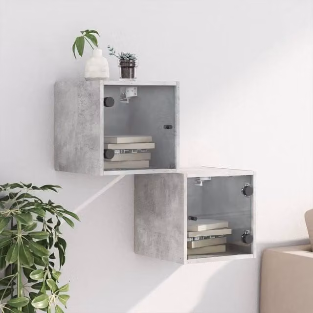 Berkfield Home Elegant Bedside Cabinets with Glass Doors, 2 Pack, Concrete Grey, W/D/H: 35 x 20 x 37 cm