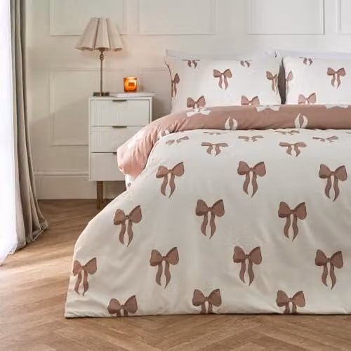 OHS Reversible Microfibre Bows Bedding Set in Taupe, King Size Duvet Cover and Pillowcases, W/D/H: 180 x 200 cm, Pillowcases: 48 x 74 cm