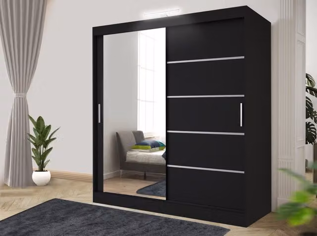 RAC3 Modern Sliding Door Wardrobe with Mirror, Integrated LED Lighting and Drawers in Black and White, W: 120 cm