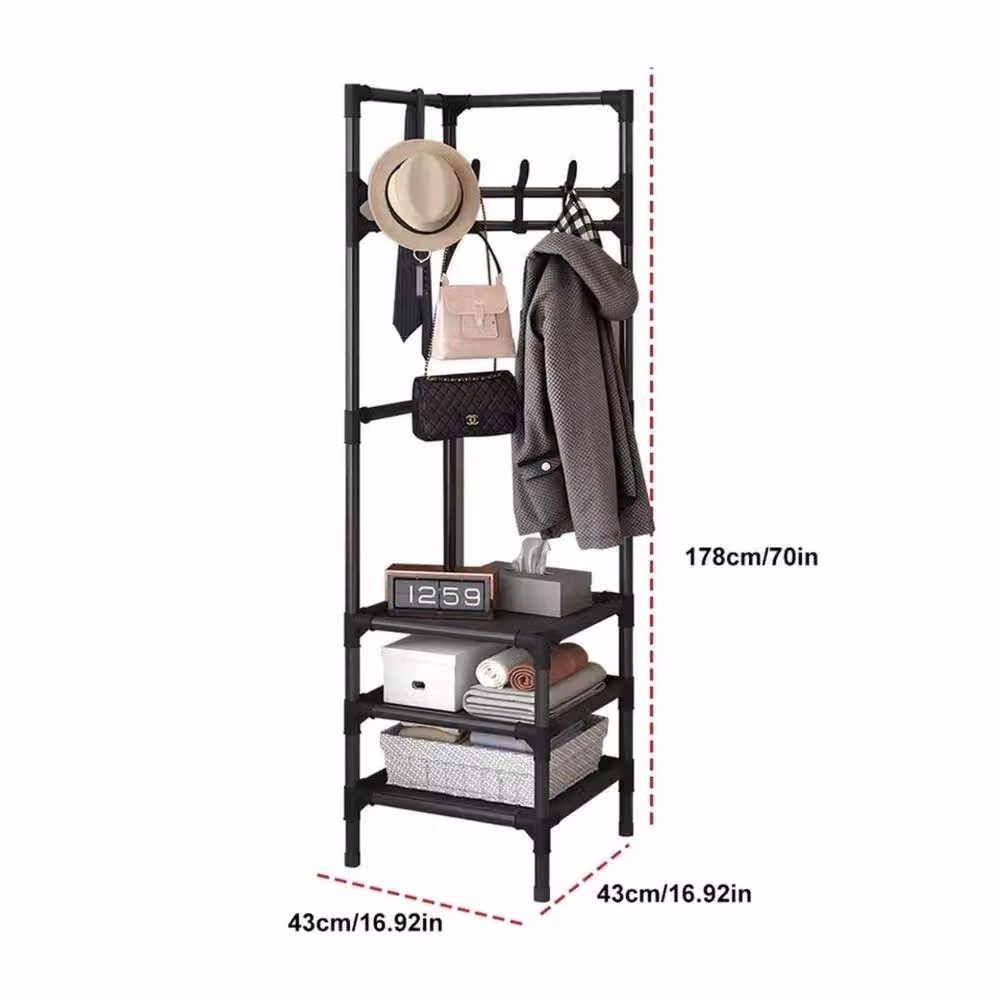 FORGEVIO Metal Coat Stand and Clothes Hanging Rail with Shoe Rack in Matt Black – 2