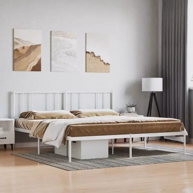 Berkfield Home Metal Bed Frame with Headboard in White, W/D/H: 180 x 200 cm