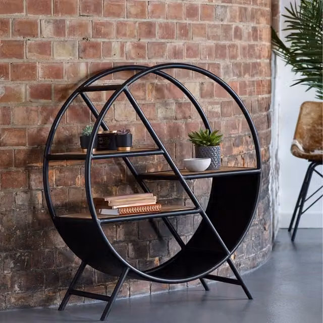 IH Design Industrial Round Bookcase in Black Metal and Wood