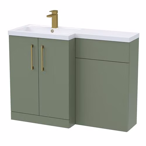 Balterley Green L-Shaped Vanity Unit with L-Shaped Basin, WC Unit and Brushed Brass D Shape Handles, Floor Standing 2 Door Soft Close Bathroom Storage Set – 1