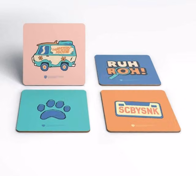 Zavvi Scooby Doo Scoob Coaster Set, 4 Pack, Multicolour Wood and Cork Square Coasters