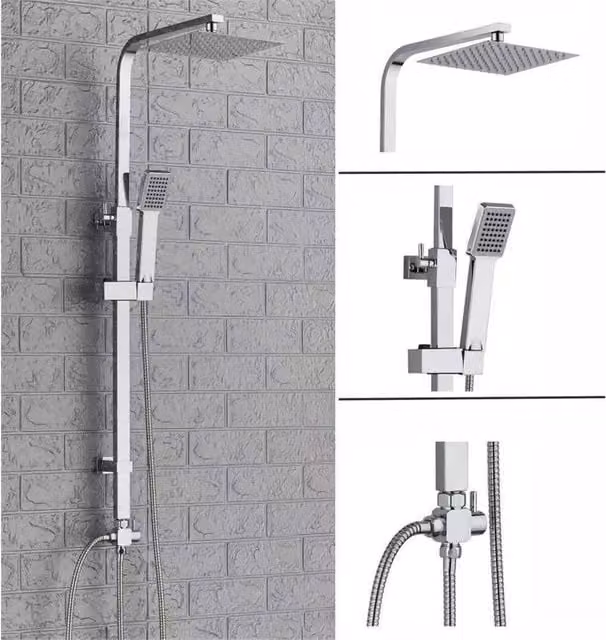 PAWNORA Square Shower Set B-Chrome in Silver with Hand Shower and Wall Bar