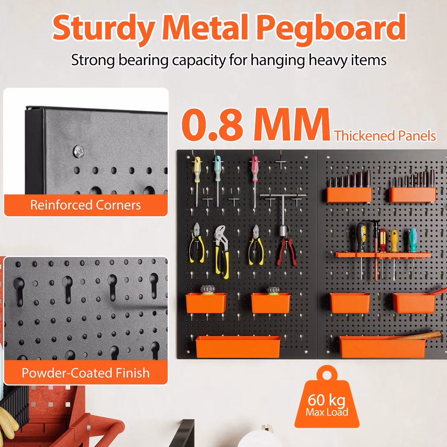 Costway Pegboard Wall Organizer with 9 Bins and Hammer Racks, Orange, W/D/H: 120 x 60 x 26 cm – 3