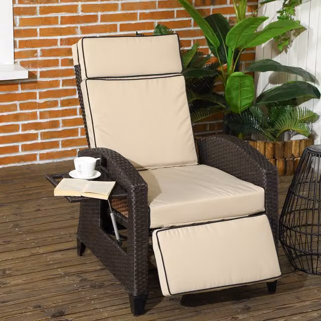 Outsunny PE Rattan Recliner Chair with Footrest and Cushions in Khaki