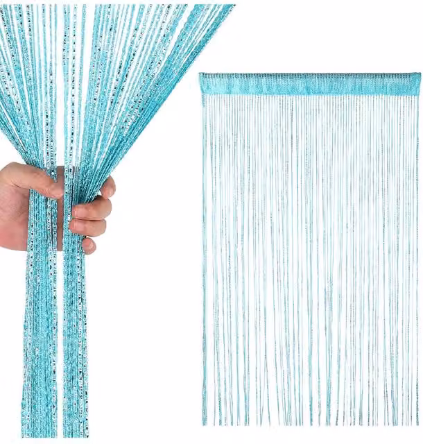 Neel Blue Glitter String Curtain Panel in Turquoise and Ivory, W: 100 cm, H: 200 cm