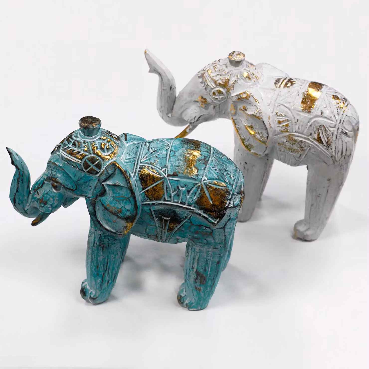 KDMD Wood Carved Elephant Tabletop Ornament in Turquoise, Gold and White – 3