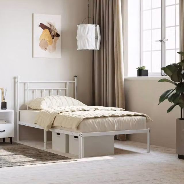 Berkfield Home Metal Bed Frame with Headboard in White, W/D/H: 100 x 190 cm
