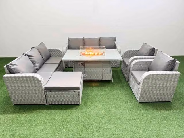 Fimous PE Rattan High Back Lounge Sofa Set with 3 Seater Sofa, Reclining Chair, Big Footstool and Firepit Dining Table in Light Grey