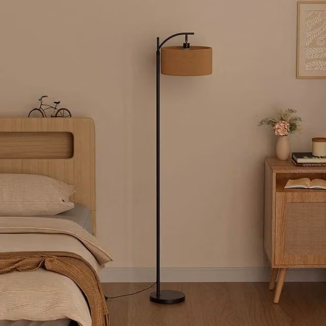 EONLION Minimalist Rattan Shade Floor Lamp in Black with Wood and Metal Accents