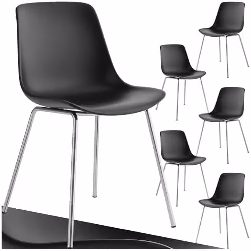 tectake Set of 6 Classic Dining Chairs with Ergonomic Plastic Seats and Chrome-Plated Steel Legs in Black – 1