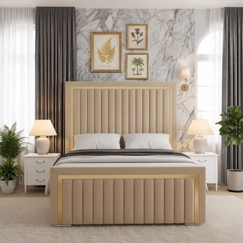 Isabel Upholstered Bed Frame by Beds NK Ltd in Beige and Gold Fabric