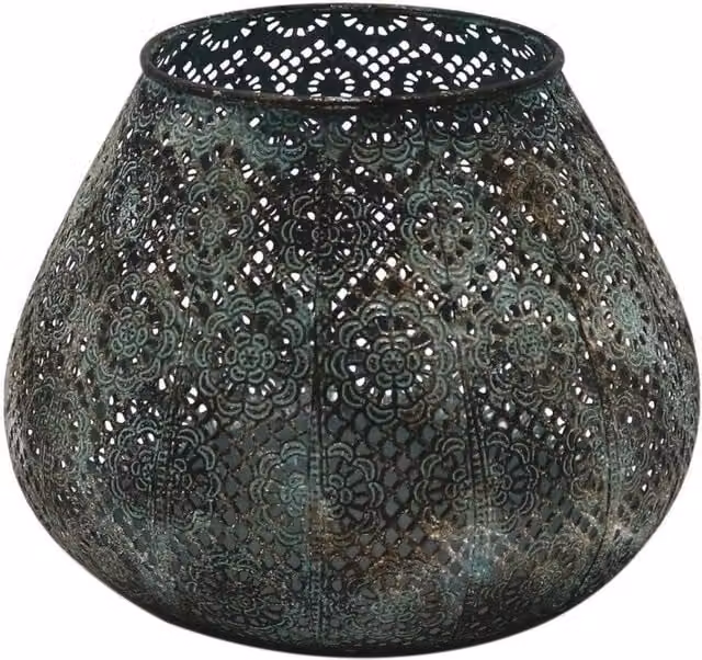 KDMD Marrakech Green Metal Boho Floral Candleholder for Tealights and Pillar Candles, Height: 19 cm – 1