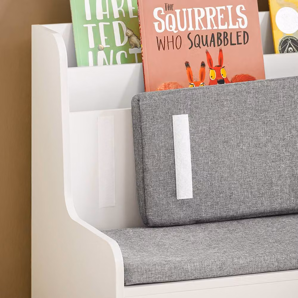 SoBuy Children's Storage Bench with Bookshelf Back and Drawers in White and Grey – 3