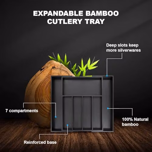 MantraRaj Bamboo Expandable Cutlery Tray Organiser with Compartments, Black – 4