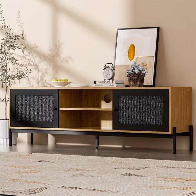 Livingandhome Modern TV Storage Cabinet with Rattan Doors in Brown and Black