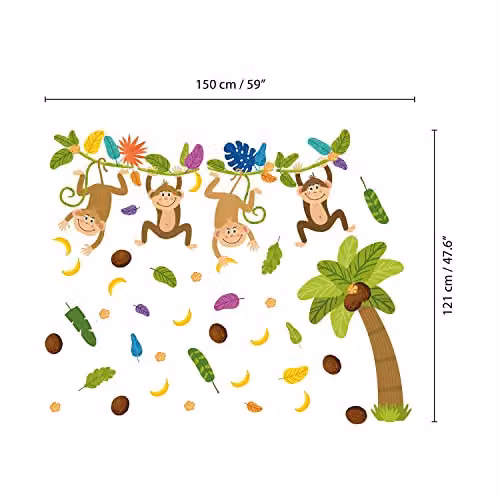 WALPLUS Colourful Jungle Animal Wall Stickers for Kids Nursery, Bedroom and Playroom Decor, Multicolour, Adhesive Peel and Stick – 2