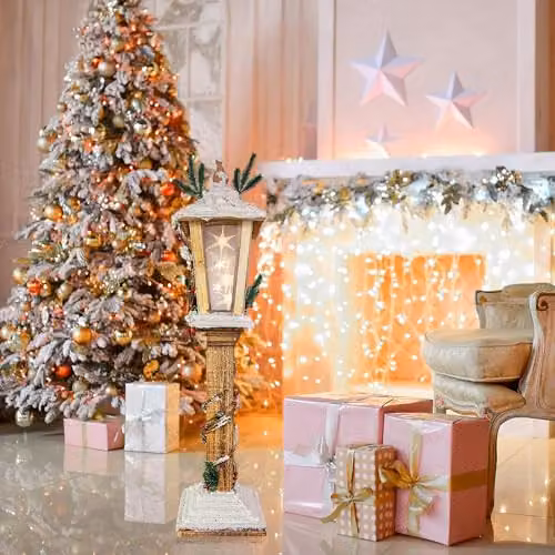 Shatchi Wooden Lamppost Christmas Decoration with Rotating Star and Warm White LEDs, Brown and Gold, Height: 85 cm – 4