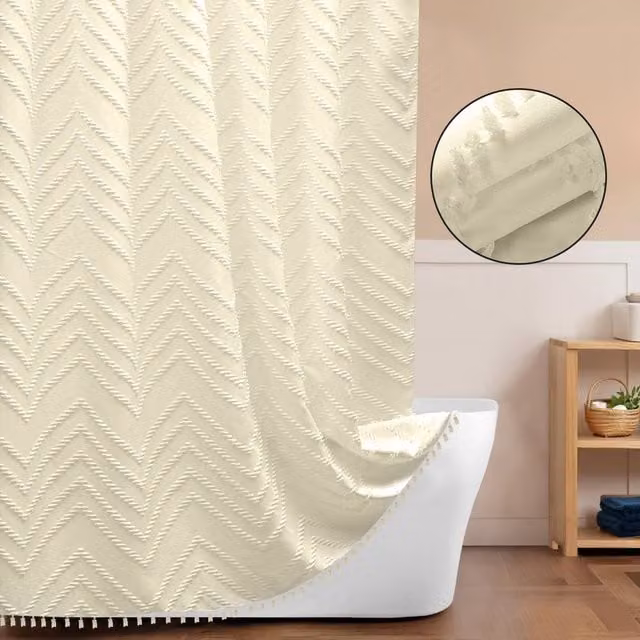 INHOUSOLU Grey and White Tufted Textured Chevron Striped Polyester Bathroom Shower Curtain with Tassels