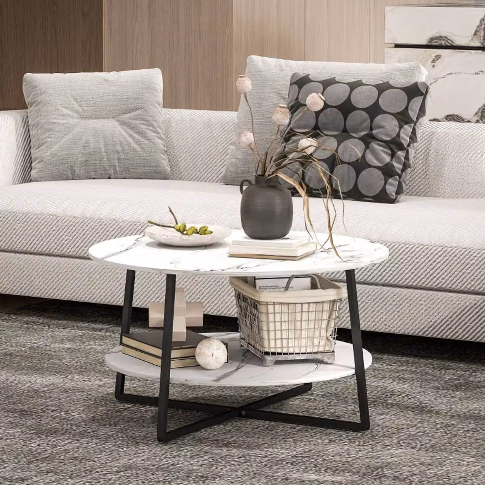 STILVORA Modern Round Two-Tier Coffee Table with White Marble-Effect Glossy Top and Metal X-Frame – 4