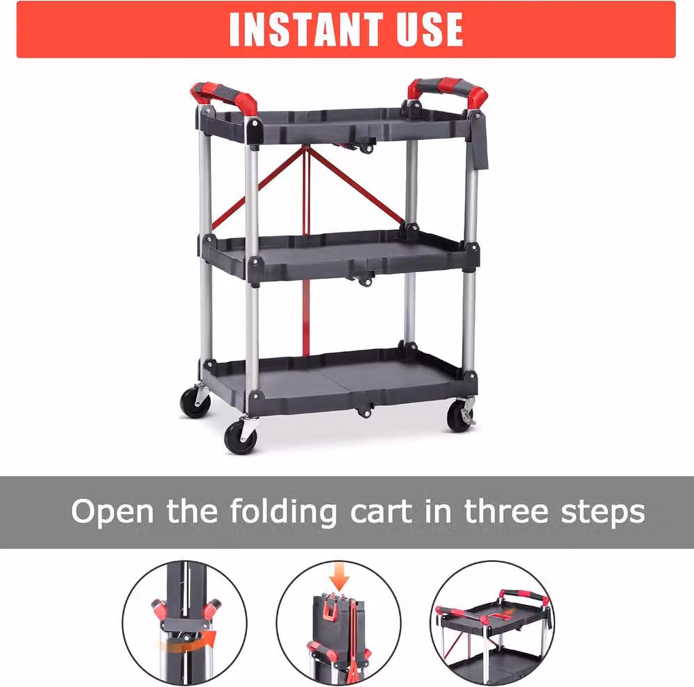 London Boutique 3-Tier Folding Utility Cart Collapsible Service Cart Rolling Trolley in Grey – 8
