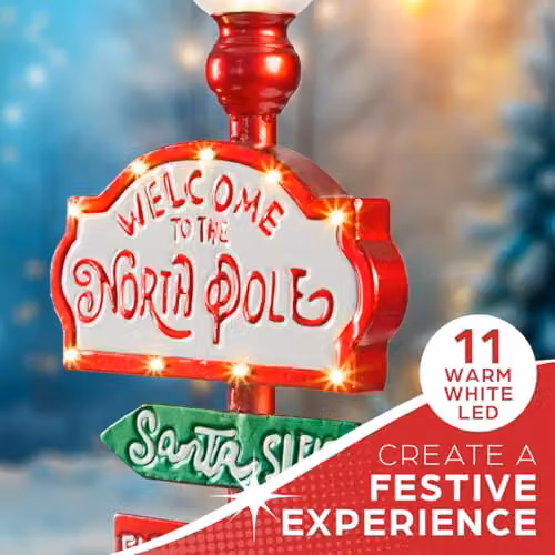 The Christmas Workshop Welcome to the North Pole LED Sign with 11 Warm White Lights, Red and White, W: 60 cm, H: 21 cm, D: 12 cm – 4