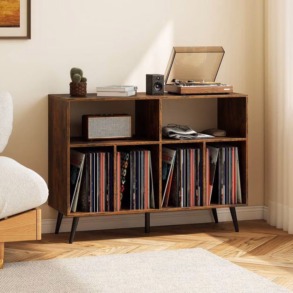 Gymax 3-Tier Mid-Century Record Player Stand and Vinyl Shelves in Brown – 4