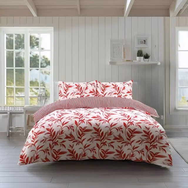 Home Sweet Home UK Reversible Ella Leaf and Stripe Polycotton Duvet Cover and Pillowcase Set, Red, 220 x 220 cm – 1