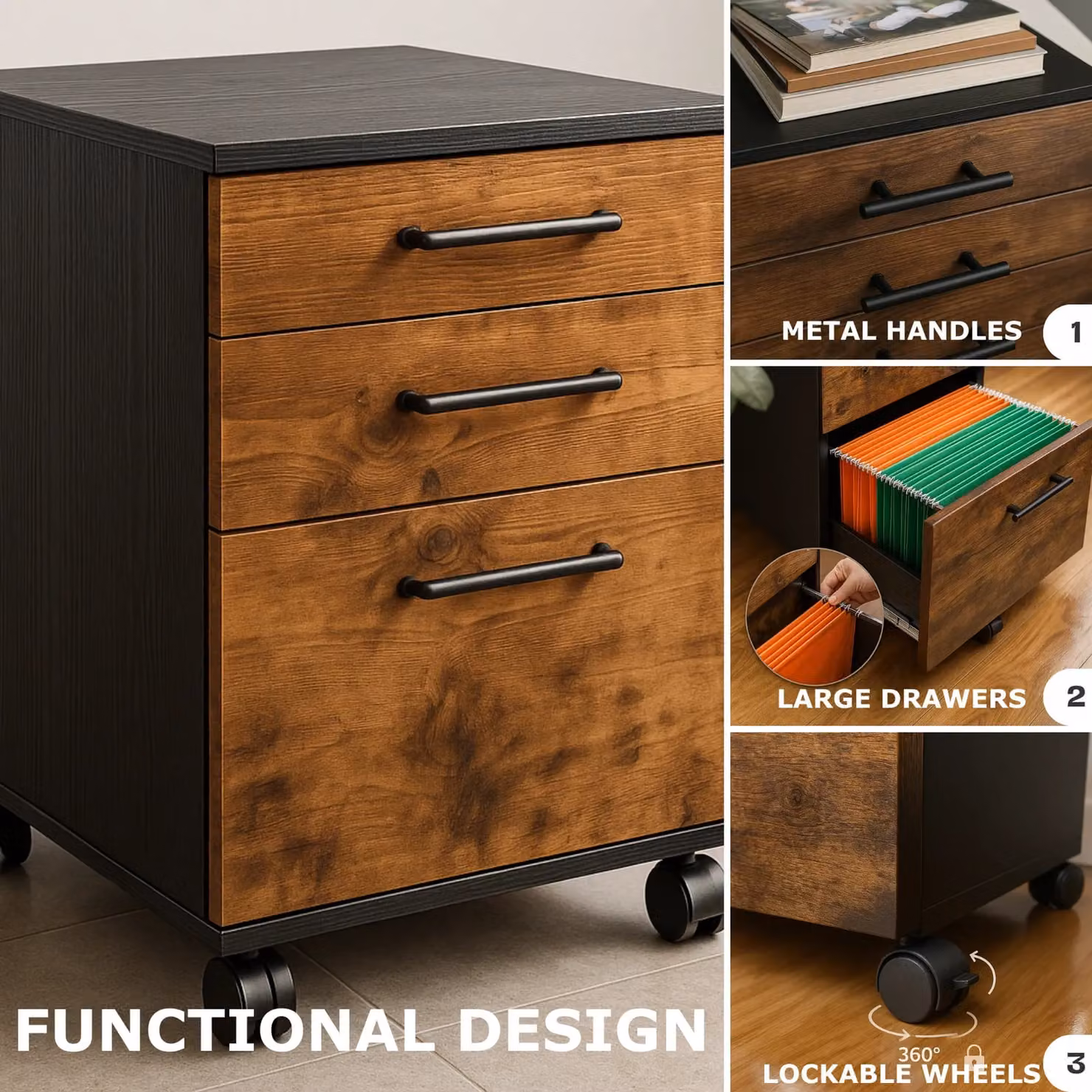 Rafaelo Mobilia 3 Drawer Filing Cabinet with Lock and Castors, Brown, W: 40 cm, D: 40 cm, H: 57.5 cm – 6
