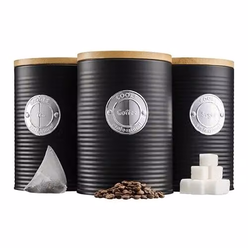Cooks Professional 5 Piece Ribbed Tea Coffee Sugar Bread and Biscuit Canister Set with Airtight Bamboo Lids in Black and Silver – 6