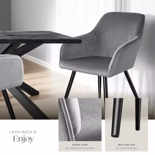 tectake Set of 4 Marilyn Dining Chairs in Grey Velvet with Black Metal Legs – 5