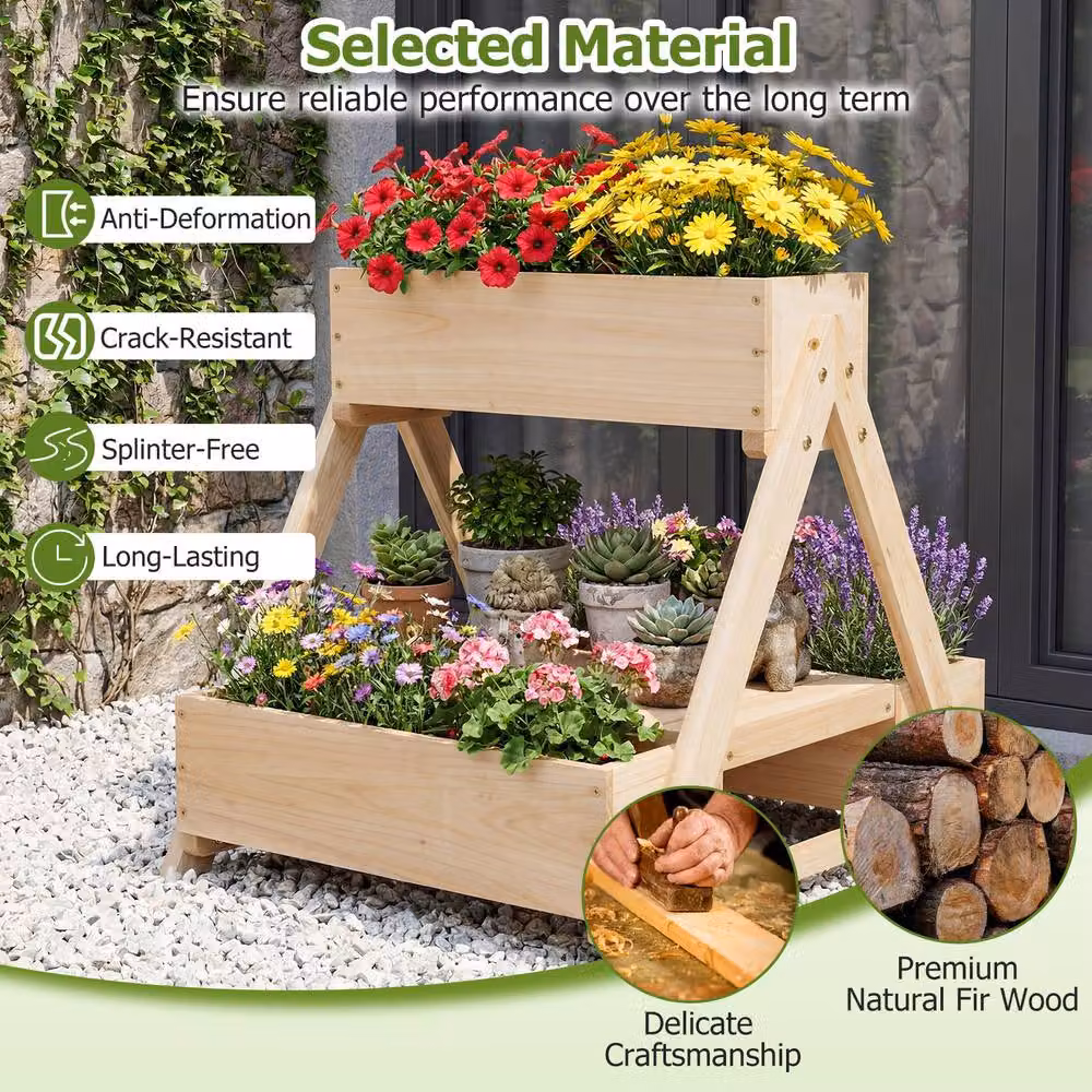 Costway Wooden Raised Garden Bed with Drainage Holes in Natural Brown – 3