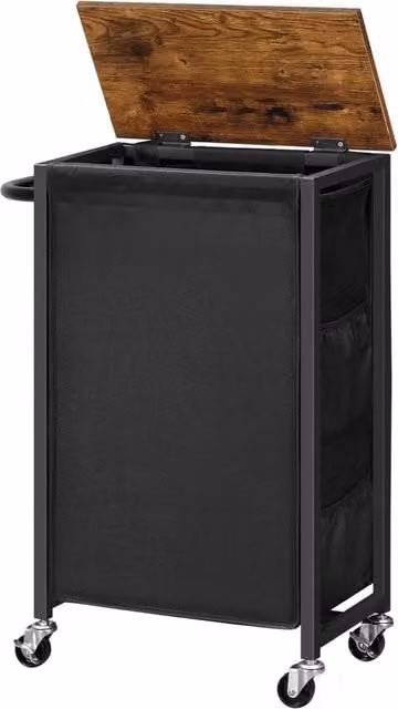 Furnold Industrial Laundry Basket Trolley with Lid, Removable Bag and Wheels in Brown and Black