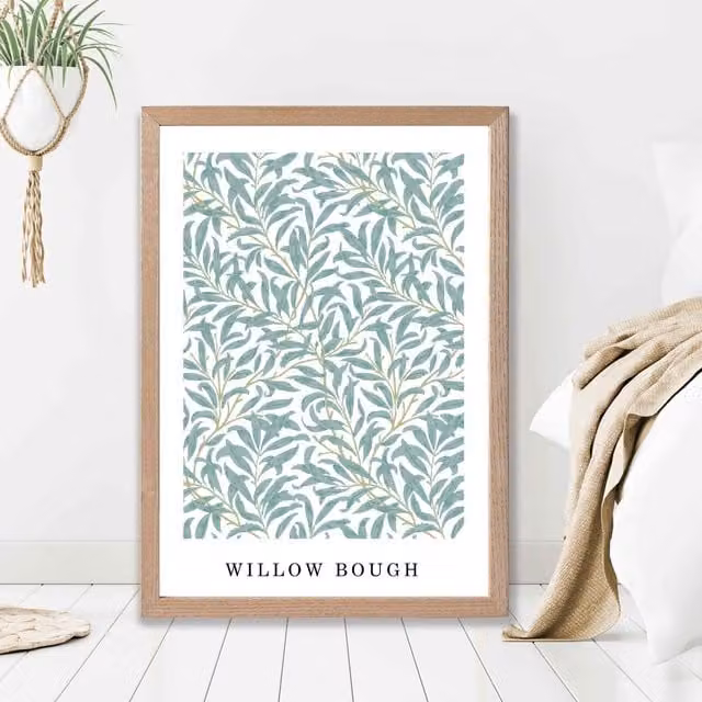 ARTZE Vintage William Morris Green and Yellow Willow Pattern Botanical Floral Art Print with Oak Wood Frame, A2