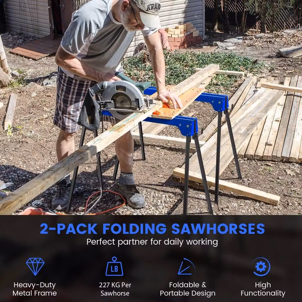 Gymax 2 Pack Folding Metal Sawhorses in Blue – 6