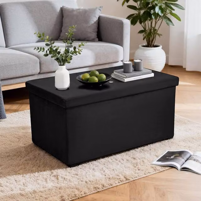 Simpa Large Fold Flat Black Brushed Velvet Ottoman Storage with Comfortable Cushion, L 76 cm x W 38 cm x H 37 cm