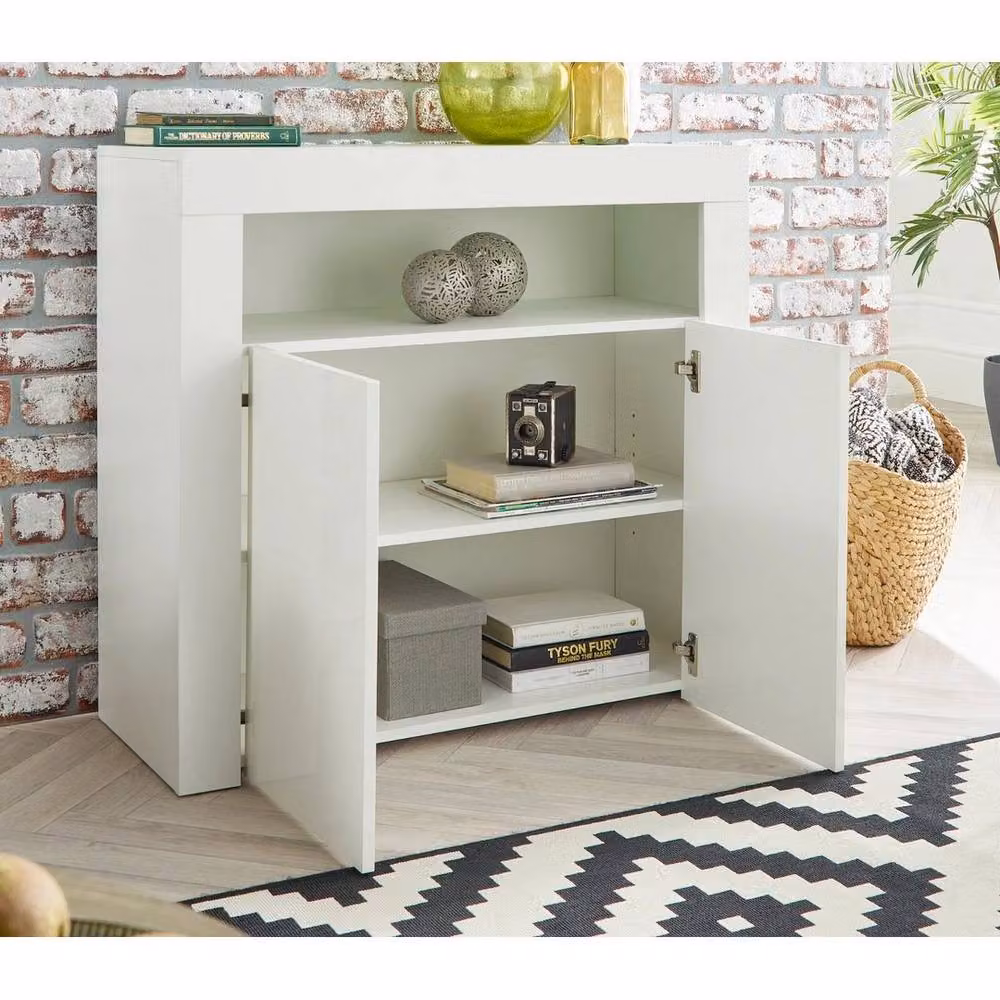 MMT Furniture Designs FLAVORA White Glossy 2 Door Cabinet with Integrated LED Lights and Internal Shelves – 2