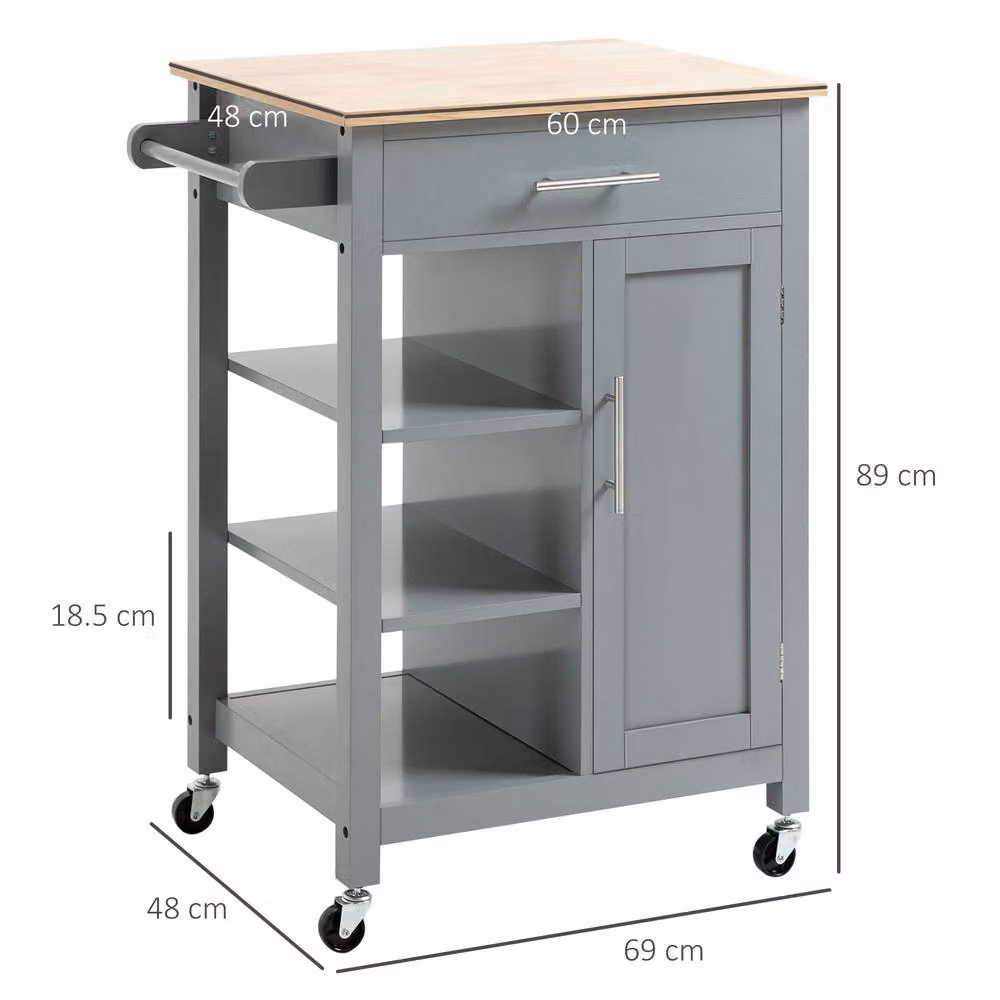 STILVORA Retro Kitchen Trolley with Shelves, Door and Drawer in Grey – 4