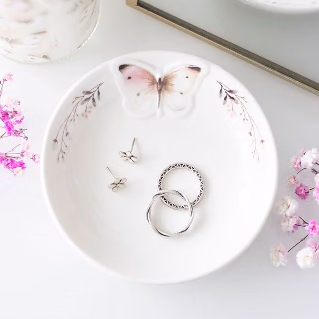 Kingsbury Gifts Round Ceramic Floral Trinket Bowl in White and Grey