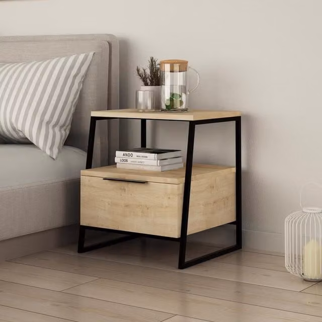 FWStyle Modern 1 Door Bedside Table Cabinet in Natural Oak