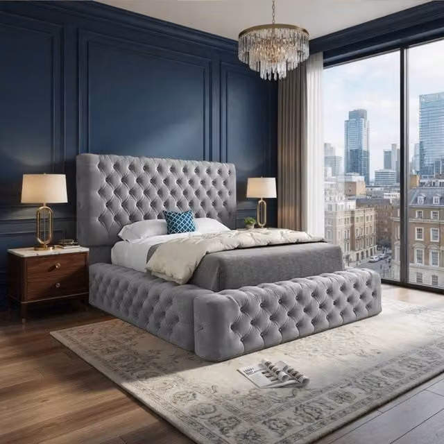 KDMD Linlithgow Grey Upholstered Chesterfield Designer Bed Frame W/D/H: 180 x 201 x 137 cm – 1