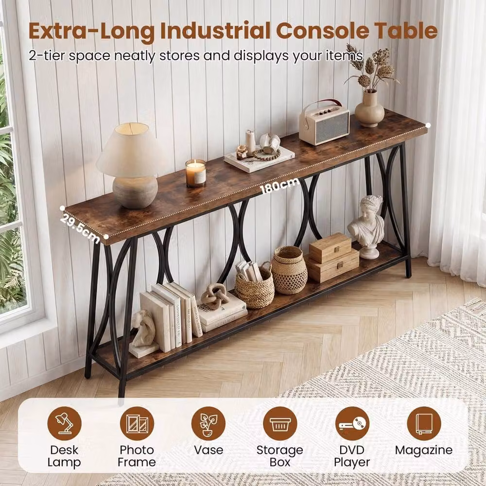 VOGREX Industrial 2-Tier Wood Sofa Table in Brown, W: 180 cm, D: 29.5 cm, H: 80 cm – 3