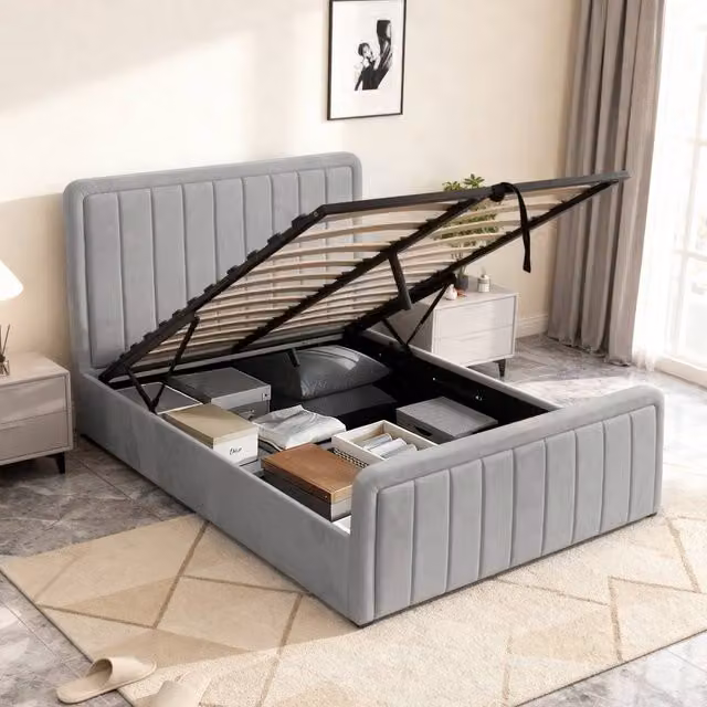 Comfy Living Ltd Brushed Velvet Ottoman Bedframe in Grey, W/D/H: 144 x 200 x 114 cm – 1