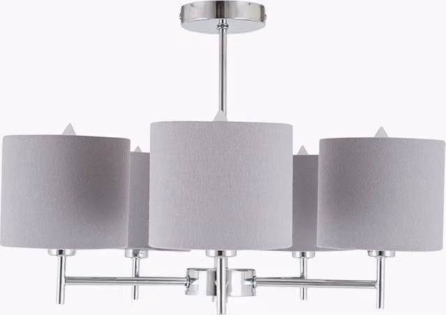 Ruma 5 Arm Modern Grey and Silver Metal and Linen Pendant Ceiling Lamp