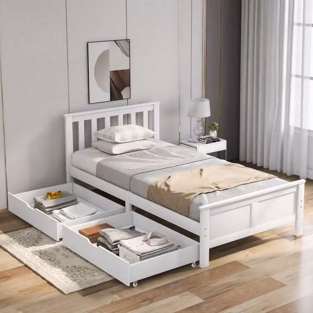 HomeTouch Lucy White Solid Pine Wood Single Bed Frame with 2 Large Drawers, W/D/H: 90 x 190 cm – 1