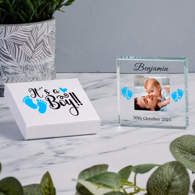 Uniqueful Personalised New Baby Glass Token in Clear, Blue or Pink
